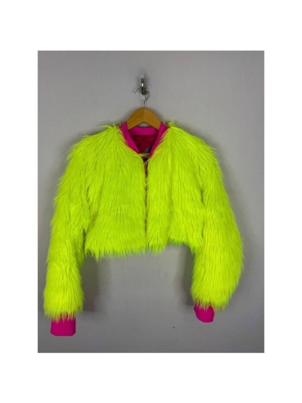 Kameron Michaels Neon Yellow Shaggy Faux Fur Cropped Jacket Hot Pink Trim OS